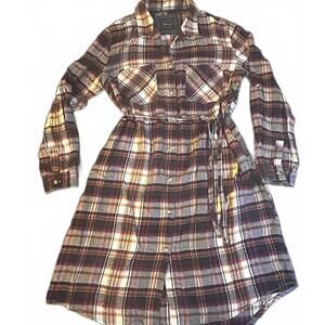 Jachs Girlfriend Plaid Flannel Shirt Dress with Waist Tie